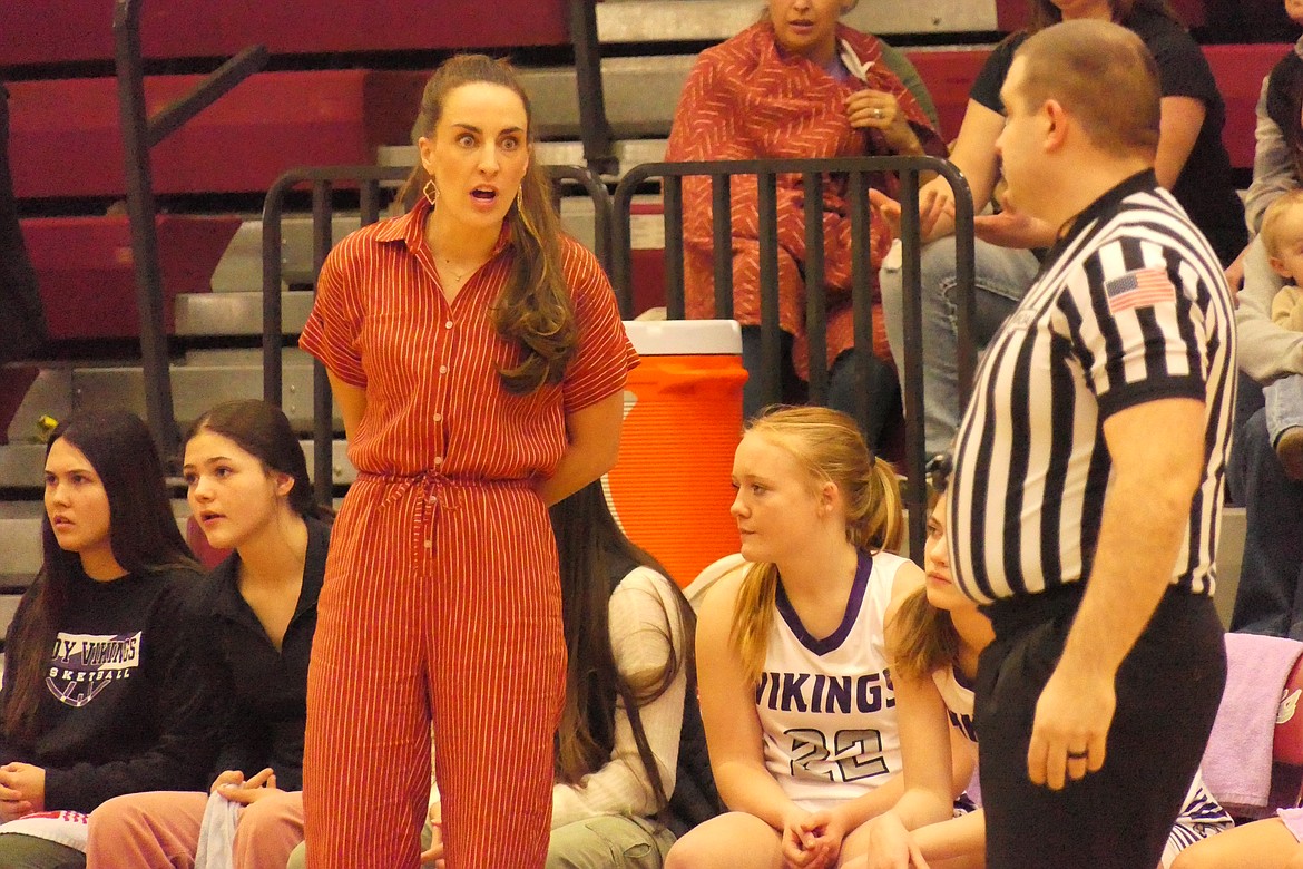 Charlo girls basketball head coach Hayley Voegele gives a ref a disagreeing look with a call against the Lady Vikings during their game with Seeley Swan Friday during the Western C Divisional tournament in Butte. (Chuck Bandel/VP-MI)