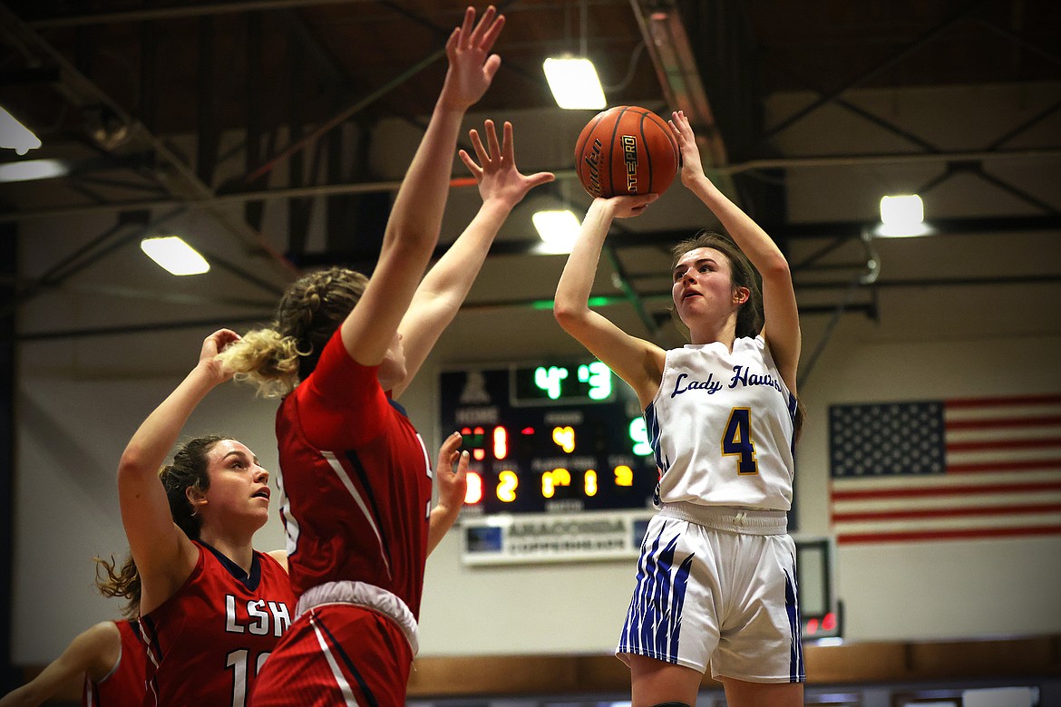 Thompson Falls forward Ellie Baxter pulls up for a jumper against Loyola during action at the Western B Divisional Tournament in Anaconda over the weekend. (Jeremy Weber/Bigfork Eagle)