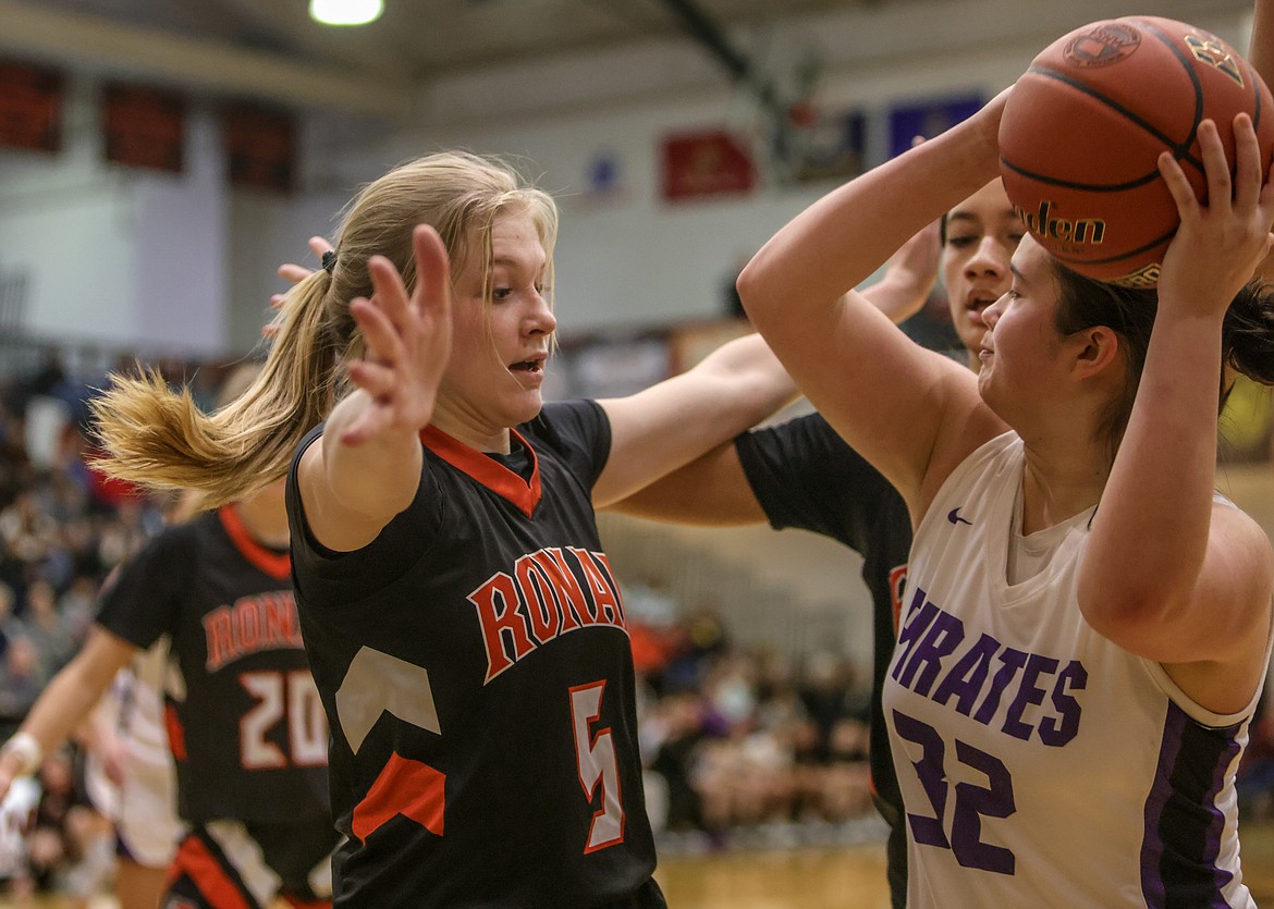 Maiden Lauryn Buhr and Lady Pirate Mila Hawk, who faced off in the recent Class A Divisional Tourney in Ronan, join forces in the Mission Mountain All Star Game as members of Team B. (JP Edge/Hungry Horse News)