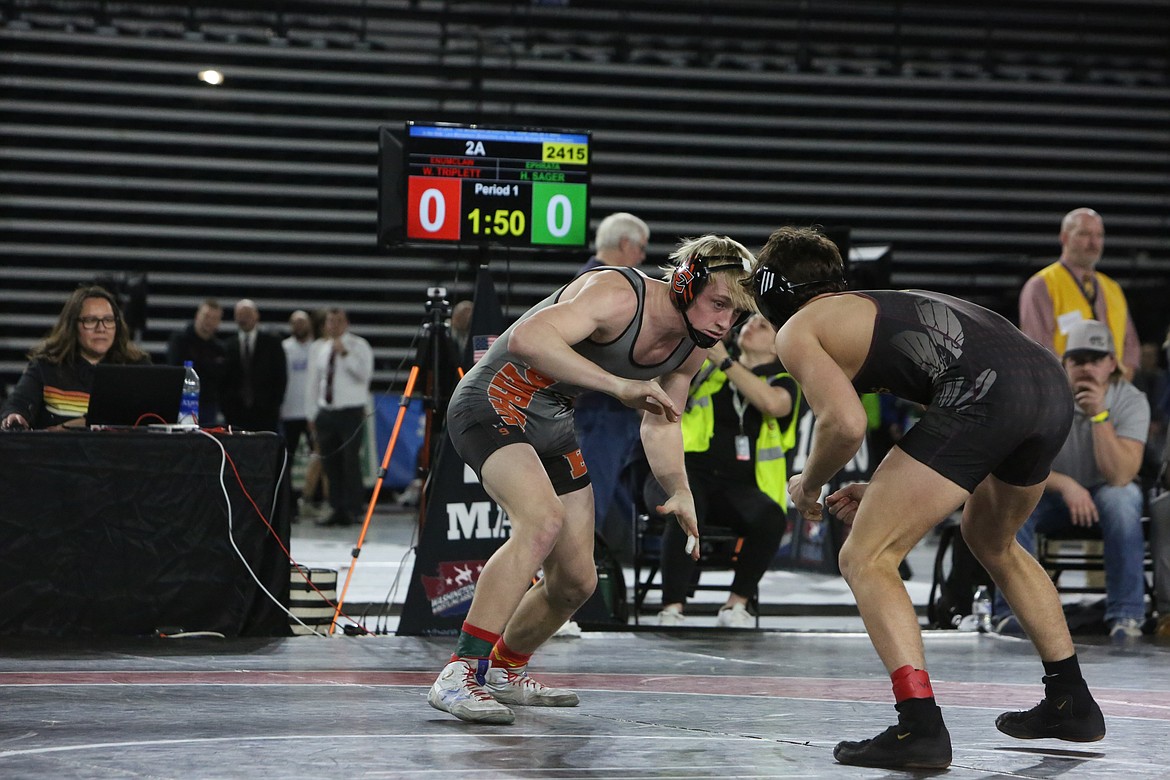 Ephrata senior Hudson Sager, left, placed second in the 2A boys 160-pound bracket at the Mat Classic in Tacoma.