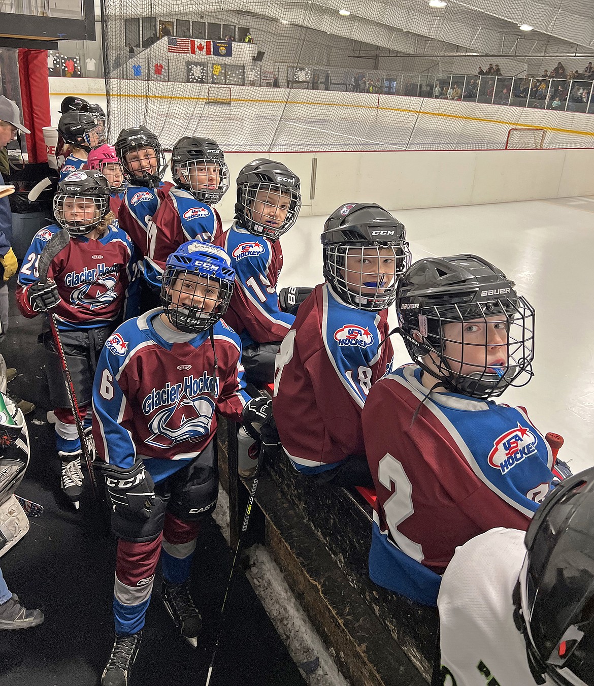 The Glacier Avalanche Squirts 10U hockey team along the bench prior to a game at the State Championship in Billings last weekend. (Provided photo)