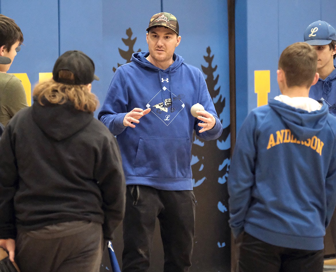 Libby Loggers American Legion baseball coach Kelly Morford shares his expertise at the first practice on Feb. 23 at the Libby High School gym. (Paul Sievers/The Western News)