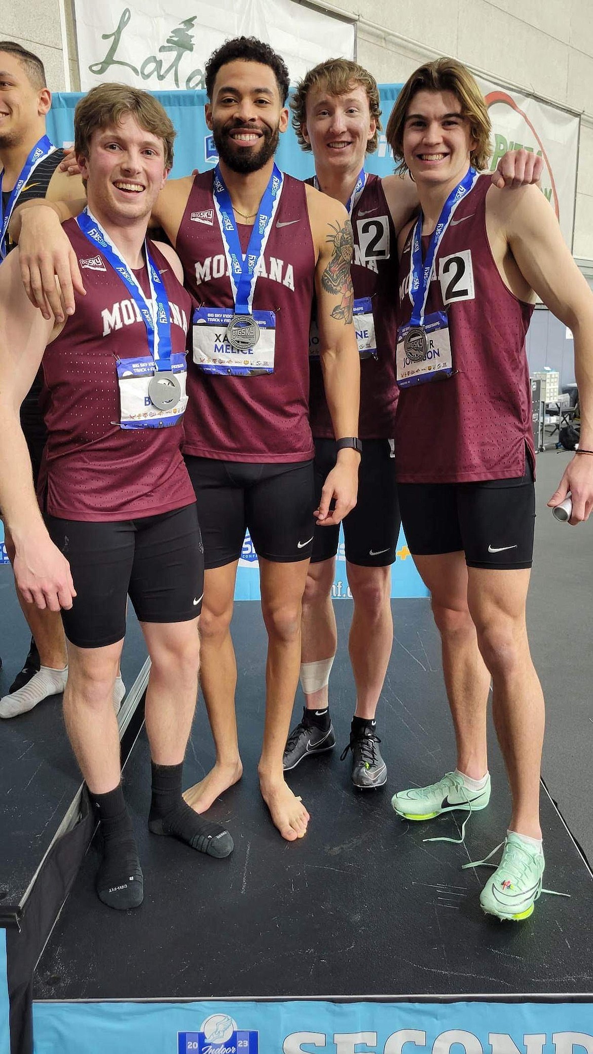 The University of Montana's indoor track team placed second at last weekend's Big Sky Indoor Championships in Moscow, Idaho. Libby graduate Jay Beagle was part of the quartet of Paul Johnstone, Xavier Melice and Taylor Johnson. (Photo courtesy Jerek Wolcott, University of Idaho)