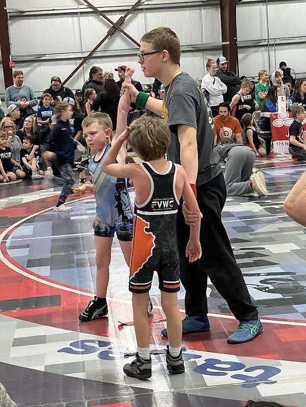 Libby Wrestling Club's Ryder Rebo celebrates a win at Saturday's Maverick Bench Memorial Tournament in Kalispell. (Photo courtesy Libby Wrestling Club)