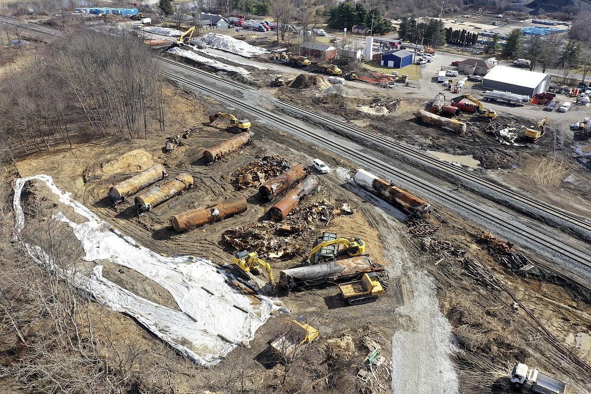 A view of the scene Friday, Feb. 24, 2023, as the cleanup continues at the site of a Norfolk Southern freight train derailment that happened on Feb. 3, in East Palestine, Ohio.