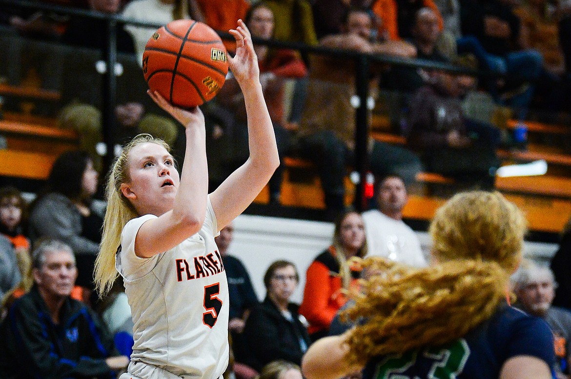 Flathead's Maddy Moy (5) gets an open look at a three in the first half against Glacier at Flathead High School on Thursday, Feb. 16. (Casey Kreider/Daily Inter Lake)