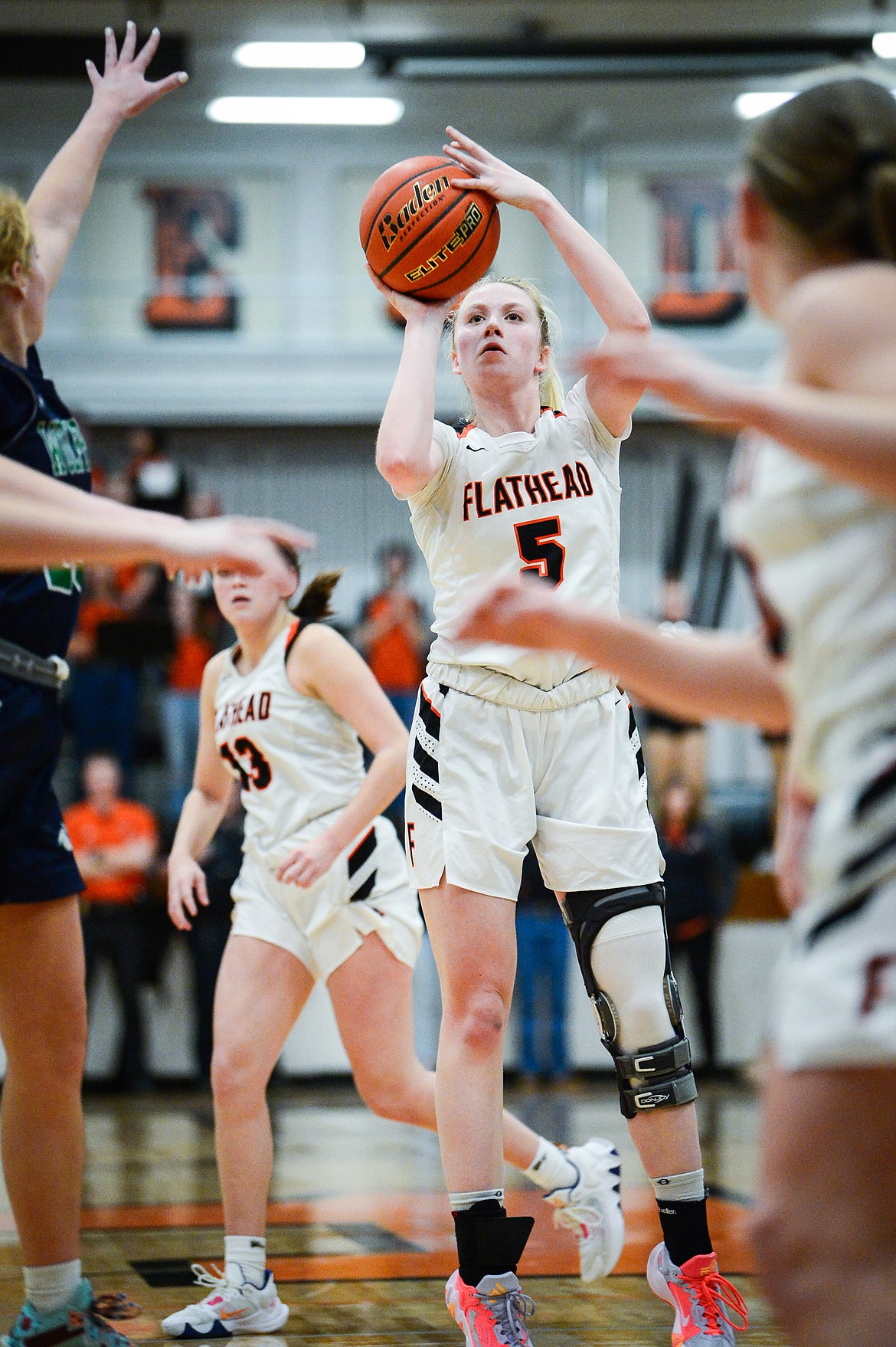 Flathead's Maddy Moy (5) shoots in the first half against Glacier at Flathead High School on Thursday, Feb. 16. (Casey Kreider/Daily Inter Lake)