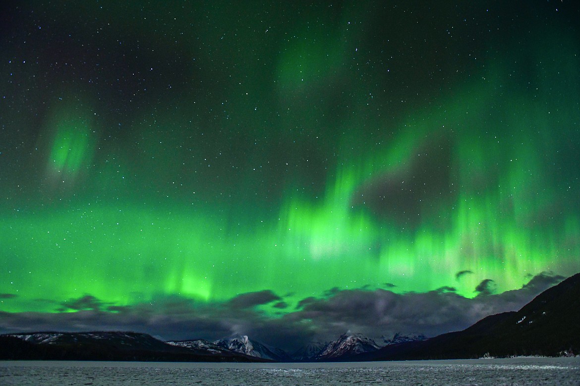 Aurora borealis lights up the night sky at Lake McDonald in Glacier National Park on Sunday, Feb. 26. (Casey Kreider/Daily Inter Lake)