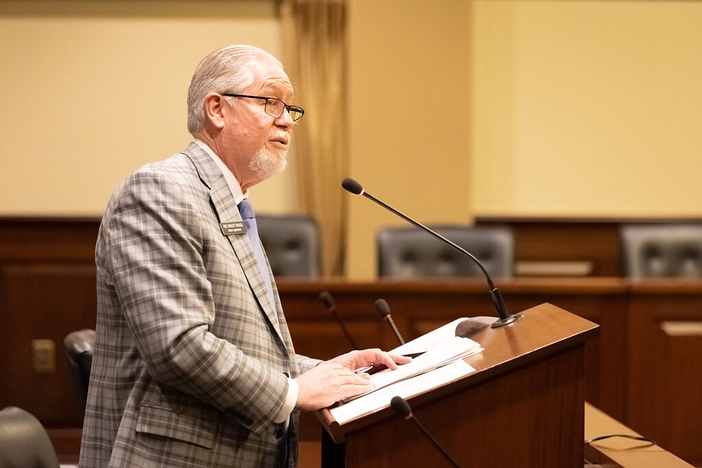 Rep. Bruce Skaug, R-Nampa, speaks to the House State Affairs committee at the Idaho State Capitol building on Jan. 11, 2023.