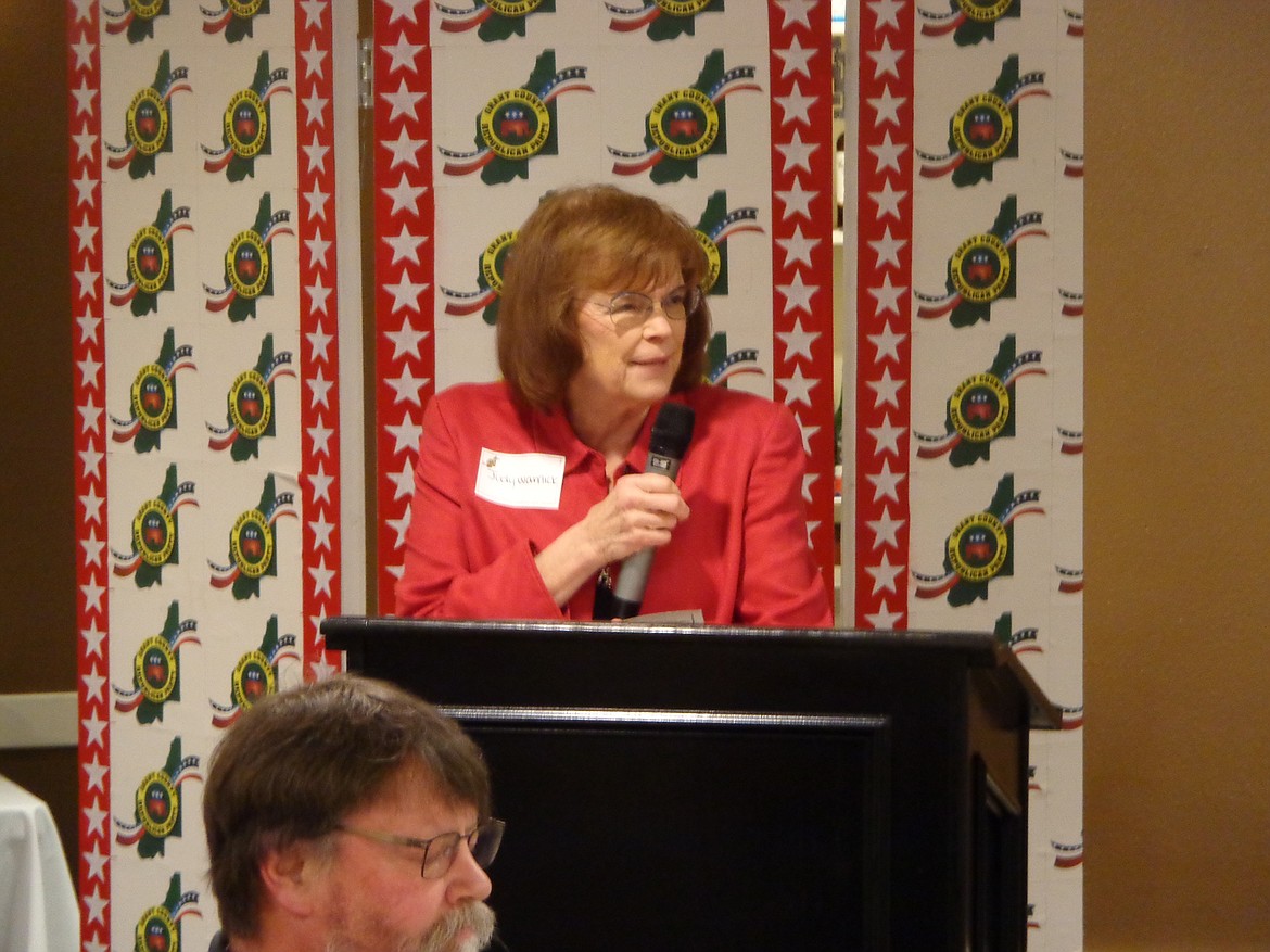 Sen. Judy Warnick, R-Moses Lake, speaking at the Grant County Republican Party’s annual Lincoln Day Dinner on Saturday.