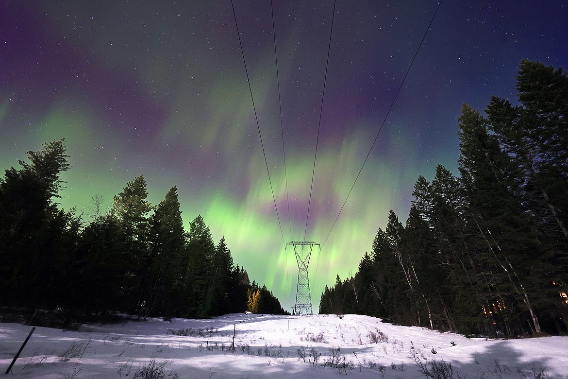 The aurora lights up the skies above powerlines near Columbia Falls Sunday, Feb. 26. (Jeremy Weber/Daily Inter Lake)