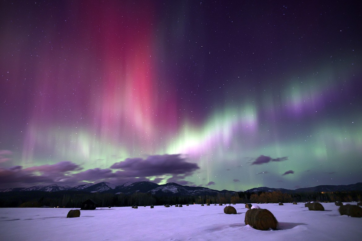 The aurora lights up the hay fields outside of Whitefish early Monday, Feb. 27. (Jeremy Weber/Daily Inter Lake)