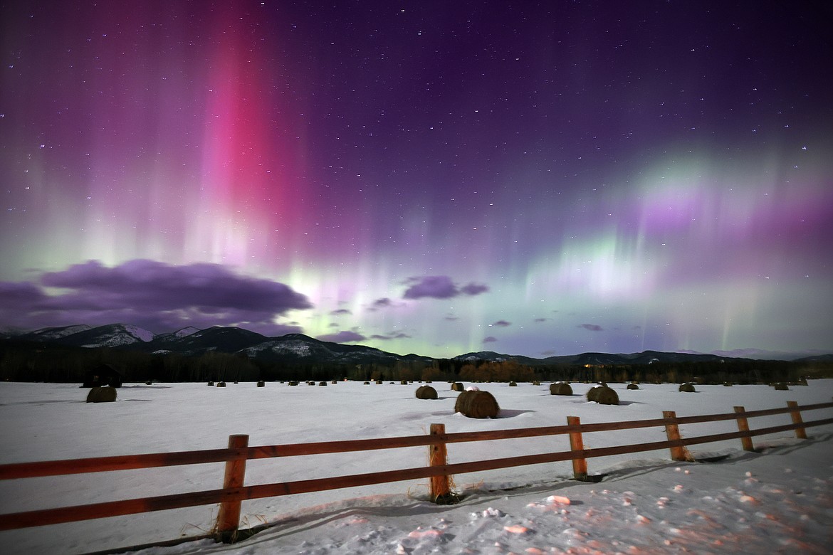 The aurora lights up the hay fields outside of Whitefish early Monday, Feb. 27. (Jeremy Weber/Daily Inter Lake)