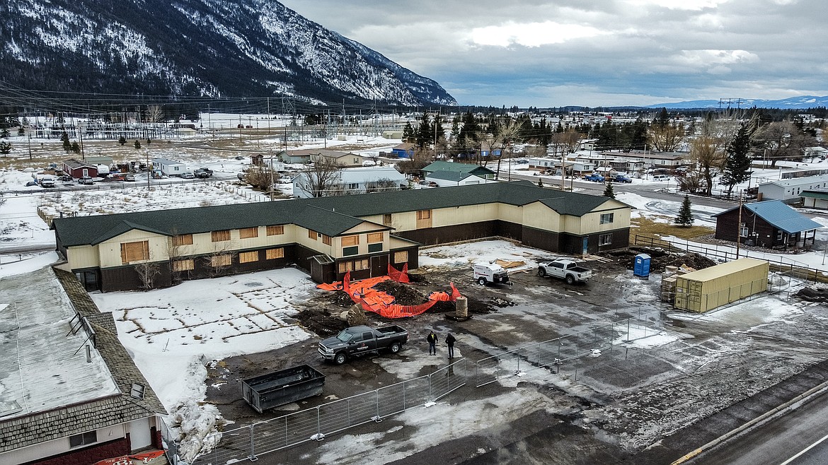 A bird’s eye view of the former Ol’ River Bridge Inn. The inn is undergoing renovations after years of neglect. (JP Edge/Hungry Horse News)