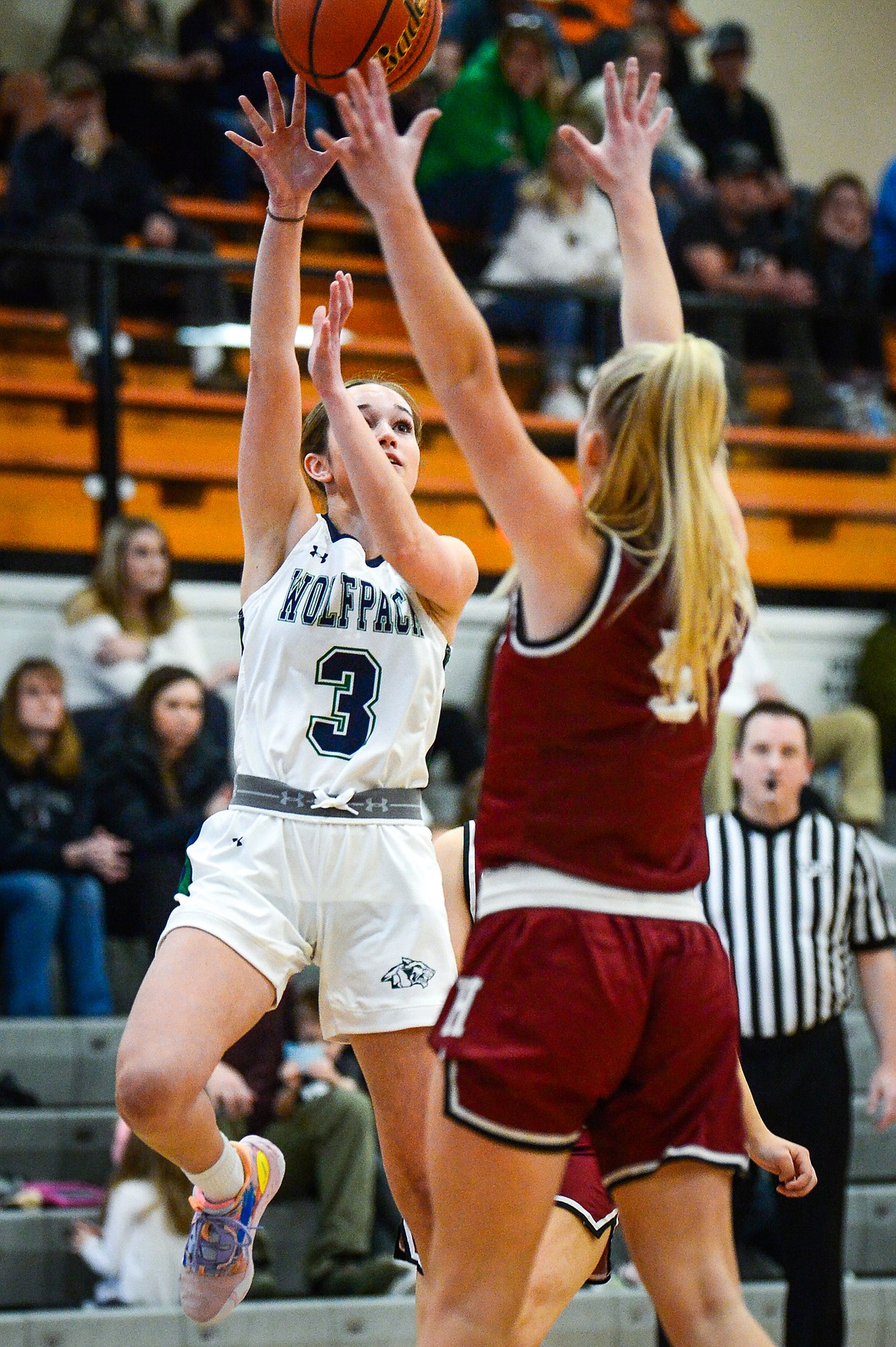 Glacier's Haven Speer (3) looks to shoot in the first half against Helena during the Western AA Divisional Tournament at Flathead High School on Friday, March 3. (Casey Kreider/Daily Inter Lake)