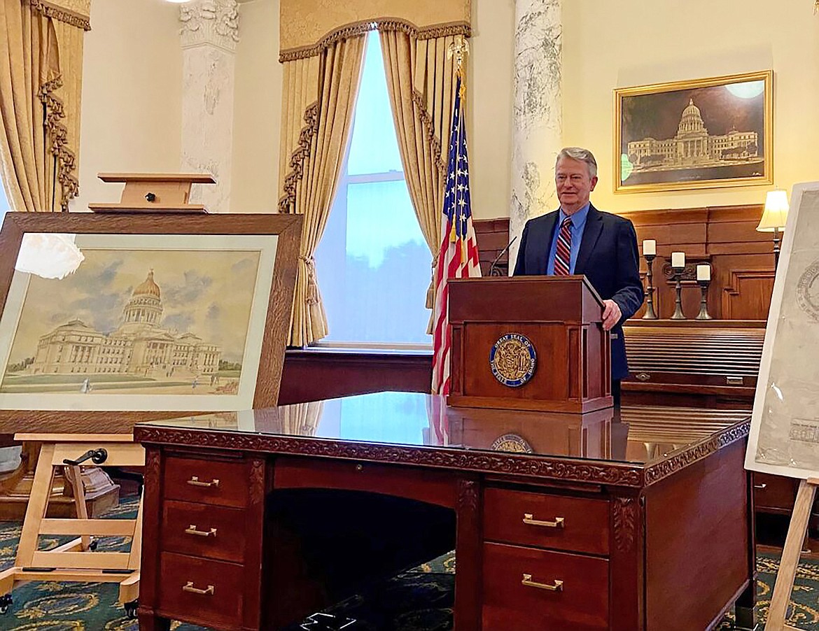 During a Feb. 28, 2023, press conference at the Governor’s Ceremonial Office at the Statehouse, Gov. Brad Little thanked Hummel Architects for donating its original Idaho Capitol drawings and paintings to the Idaho State Archives, a division of the Idaho State Historical Society.