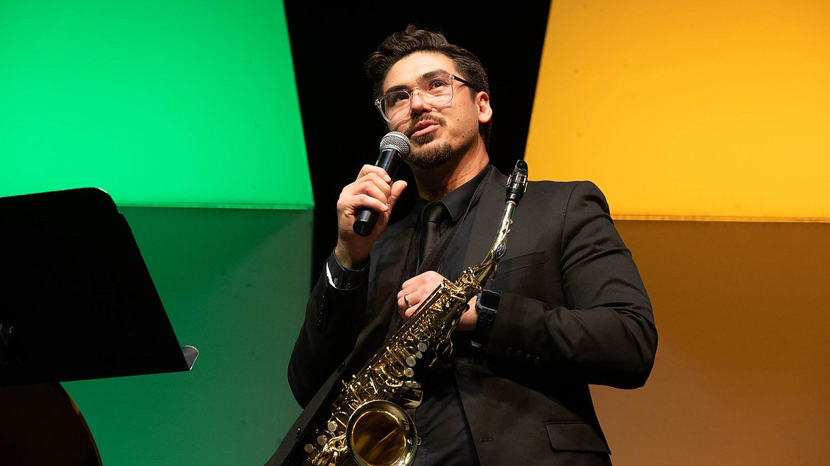 NIC Director of Bands Bryan Hannaford speaks onstage during NIC’s Sounds of Christmas concert on Dec. 11 at Boswell Hall Schuler Performing Arts Center on NIC’s main campus in Coeur d’Alene.