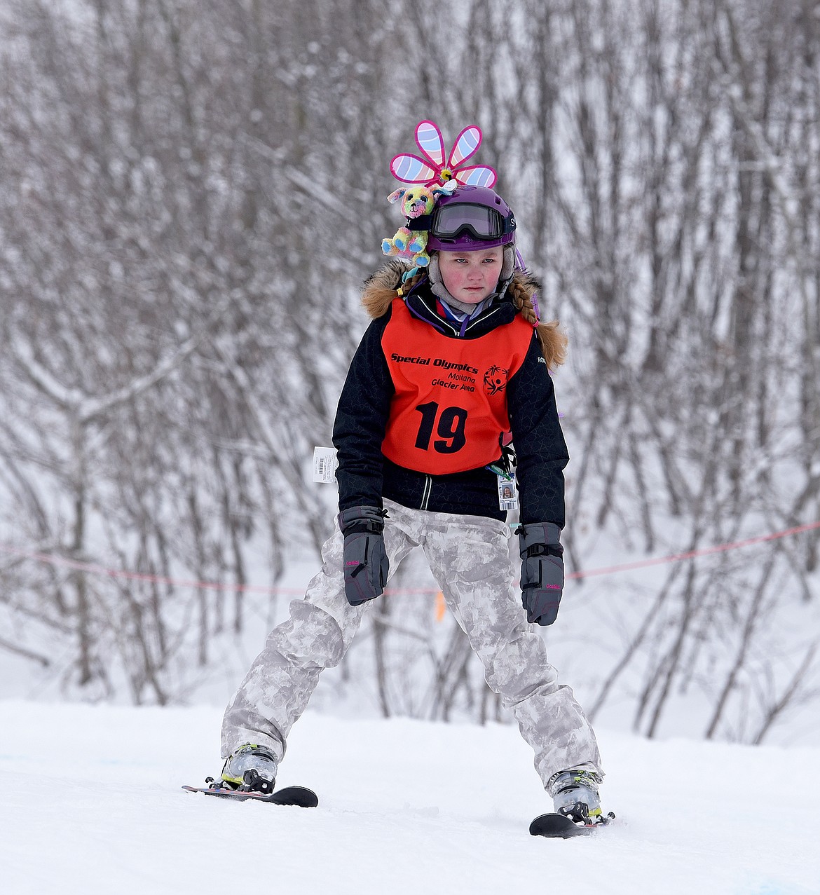 A competitor focuses on the finish line while racing the Alpine Giant Slalom course at the Special Olympics Montana Winter Games at Whitefish Mountain Resort on Wednesday, March 1. (Whitney England/Whitefish Pilot)