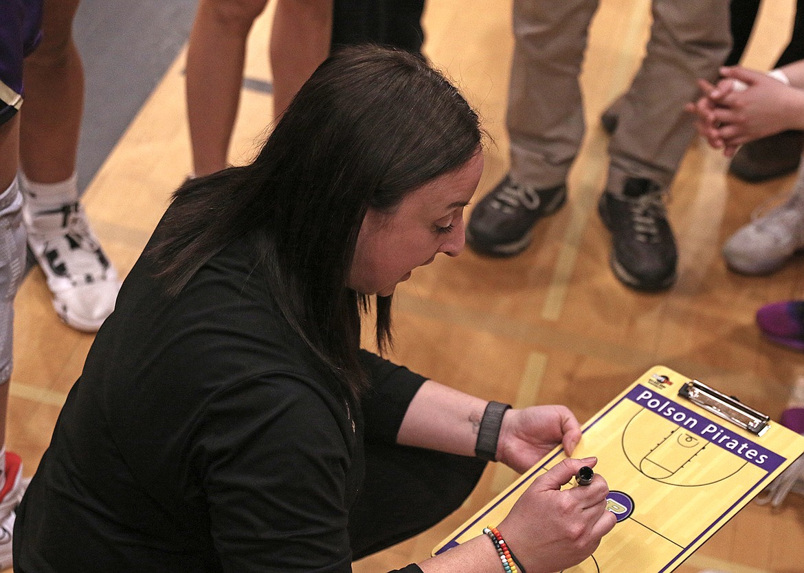 Lady Pirates head coach Brandie Buckless maps out a strategy during the Class A Western Divisionals in Ronan. (Bob Gunderson photo)