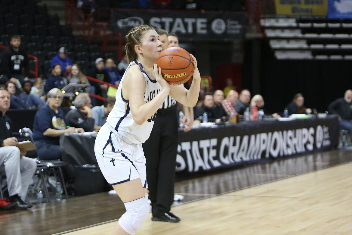 MLCA/CCS senior Makiya Kast shoots a three-pointer against Odessa in the Round of 12 of the 1B girls state tournament. Kast hit five three-pointers in the game and led all scorers with 22 points.
