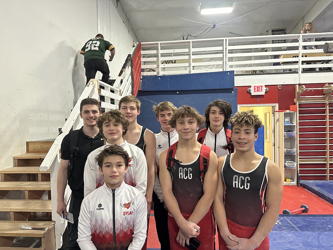 Courtesy photo
Avant Coeur Gymnastics Boys Level 7-9s took 2nd Place at the Tri State Challenge in Missoula, Mont., the weekend of Feb. 25. In the front is Dylan Coulson; second row from left, Lance Mosher, Conan Tapia and Felipe McAllister; and back row from left, coach Matt Auerbach, Collin Scott, Cayden Ptashkin and Grayson McKlendin.