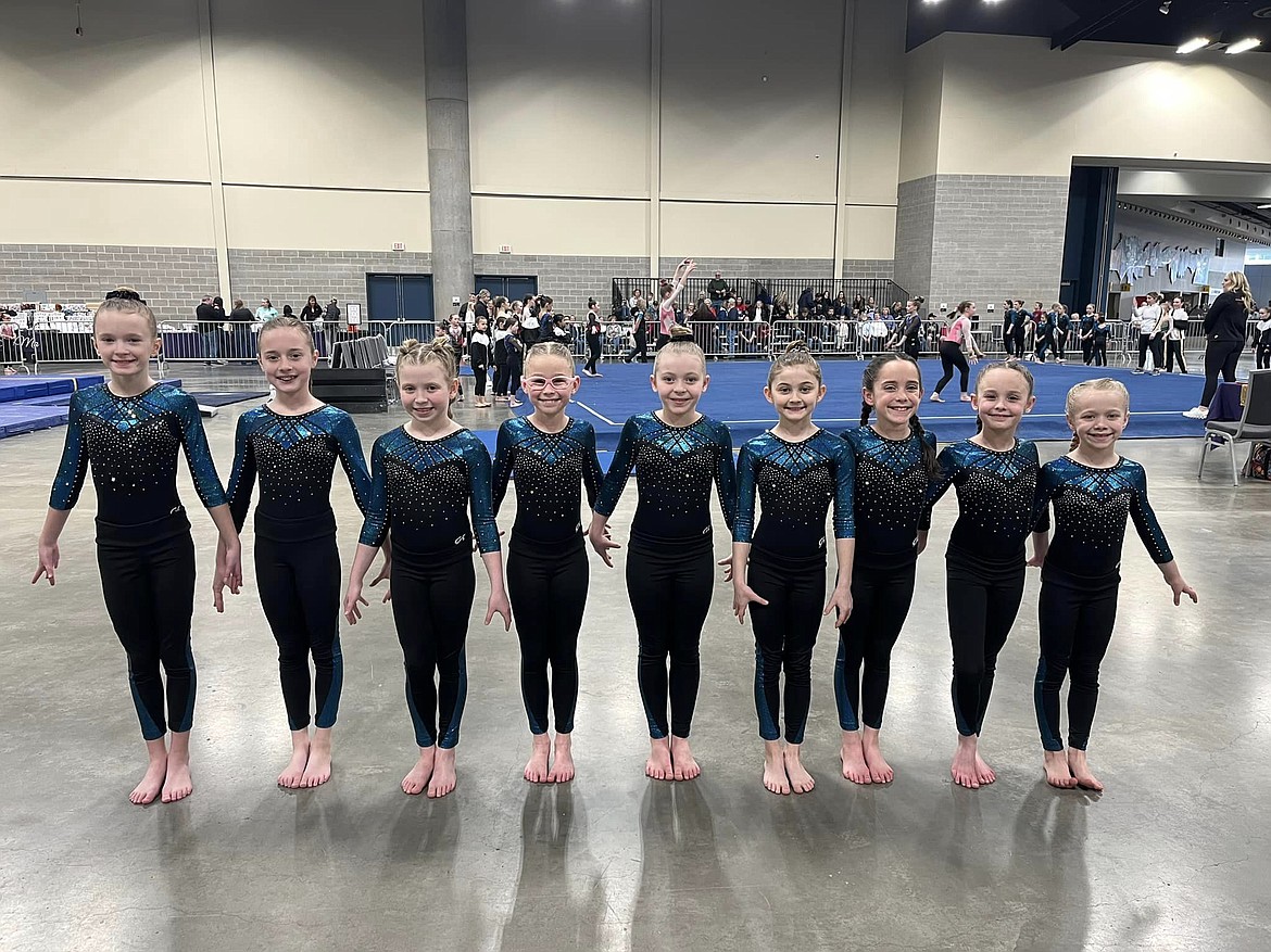 Courtesy photo
Technique Gymnastics' 1st Place Team Level 3 Team at the Royal Festival in Spokane. From left are Keeley Howard, Bella Nivison, Stella Casey, Katelynn Montandon, Avalee Wargi, Brooklyn Adams, Larkin Tamagni, Carina Dowiak and Brylee Mello.