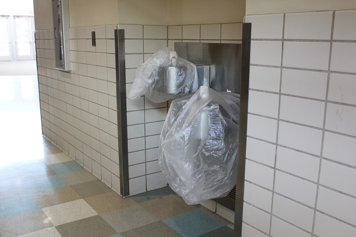 A pair of drinking fountains at Sentinel High School in Missoula, Montana, tested for levels of lead that required school officials to either fix the fountains or shut them off. (Katheryn Houghton/KHN)