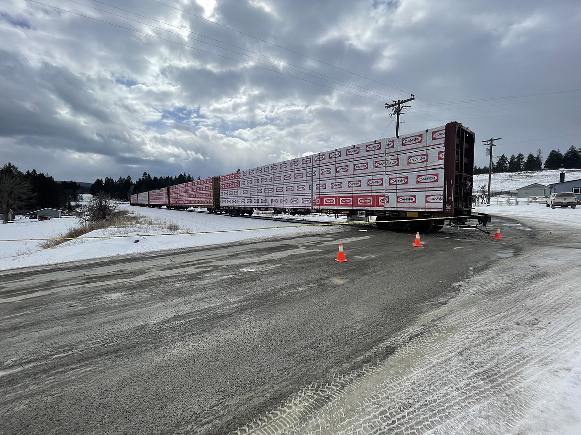 Ice likely led to the derailment of a locomotive near Trego in Lincoln County on March 6. The incident left a freight car partially blocking Fortine Creek Road. (Photo courtesy the Lincoln County Sheriff's Office)