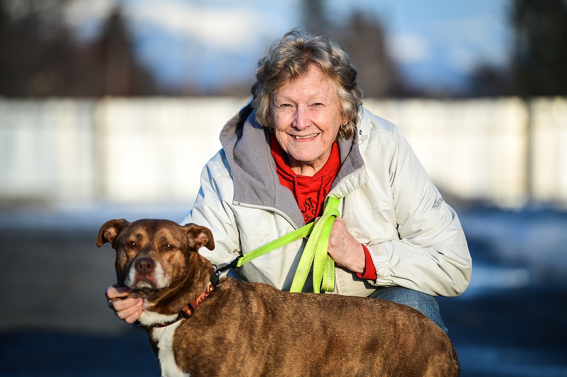 Vicki Brockish with her dog Gabby outside the Flathead Warming Center in Kalispell on Tuesday, March 7. (Casey Kreider/Daily Inter Lake)