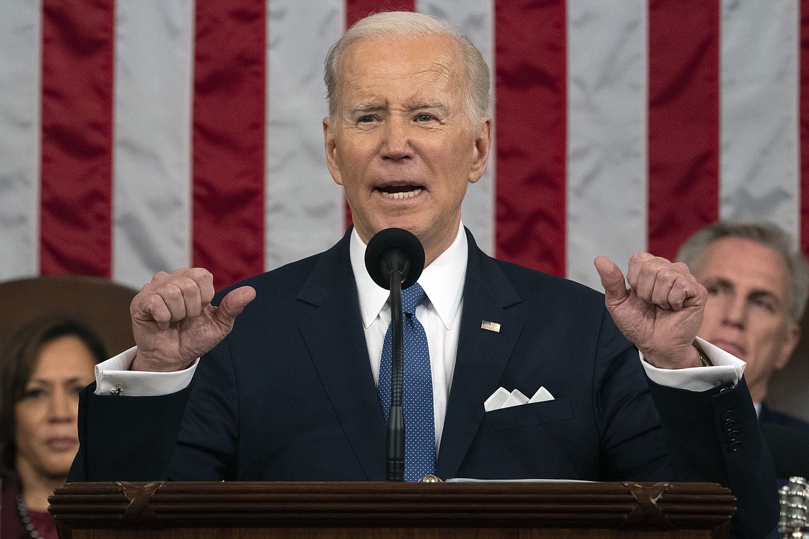 President Joe Biden delivers the State of the Union address to a joint session of Congress at the U.S. Capitol, Feb. 7, 2023, in Washington, as Vice President Kamala Harris and House Speaker Kevin McCarthy of Calif., listen. (AP Photo)