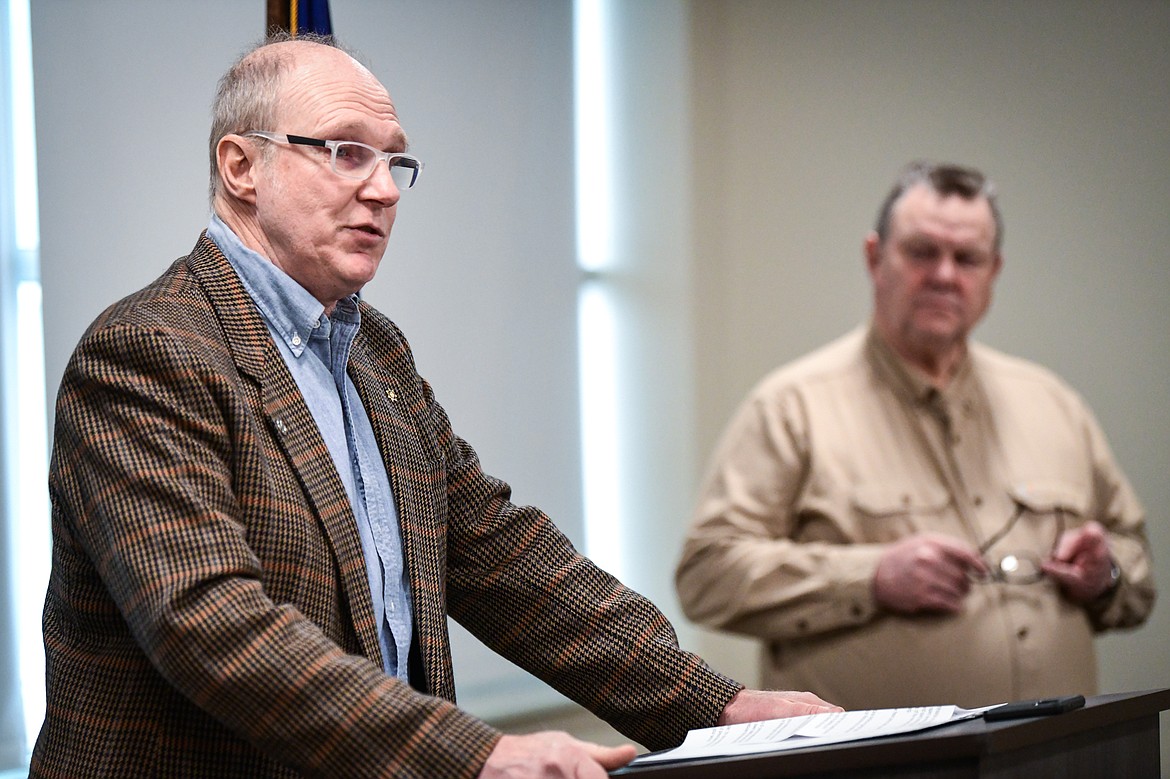 Former state legislator Mike Jopek speaks during a press conference with U.S. Sen. Jon Tester at Logan Health on Friday, March 10. (Casey Kreider/Daily Inter Lake)