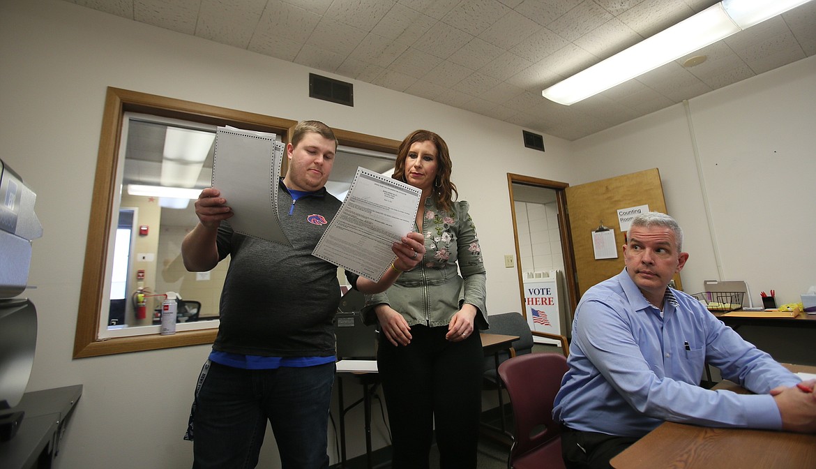 Kootenai County Clerk Jennifer Locke and elections manager Asa Gray look over ballots Friday during logic and accuracy testing. Kootenai County Commissioner Bruce Mattare, right, was in attendance to ensure the process was running smoothly.