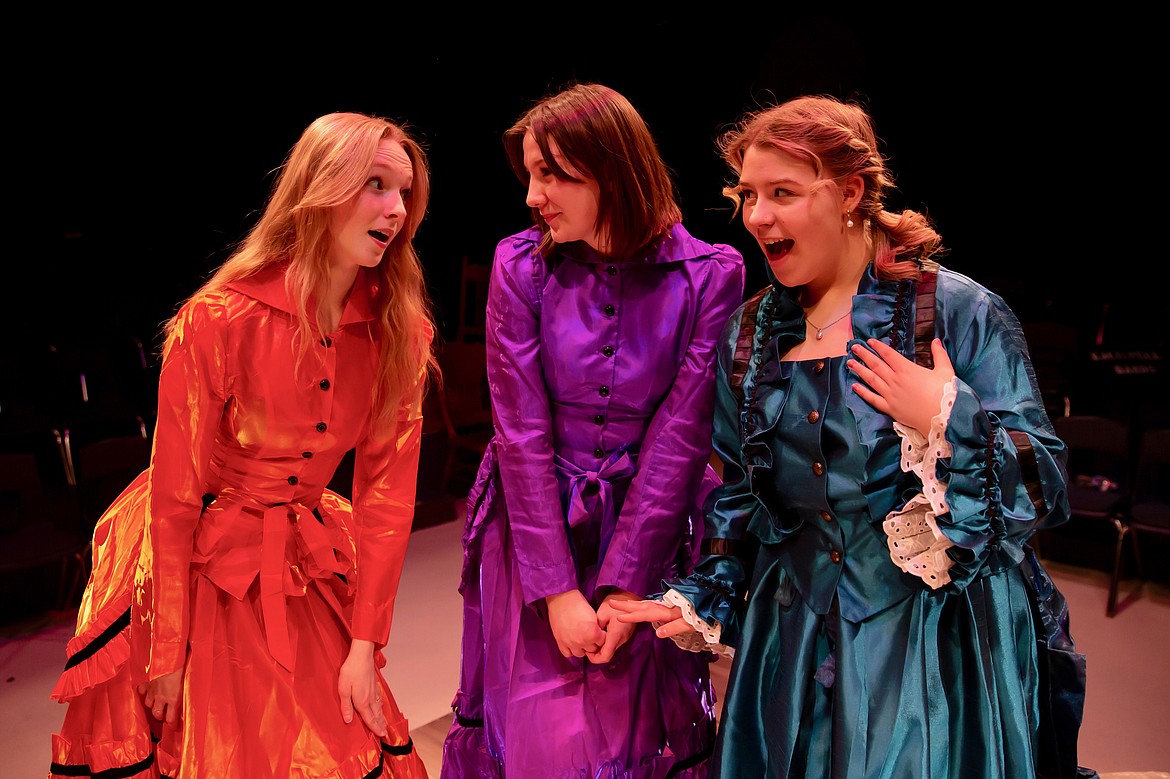 Ellie Fiala, Kaelin Holt and Gabrielle Cantrell-Musson gossip about town in the Wolfpack Theatre Company’s production of “The Music Man.” (Courtesy photo)