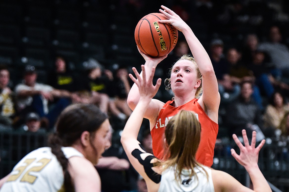 Flathead's Maddy Moy (5) rises for a jumper against Billings West in the second half of the girls' Class AA state basketball championship at the Butte Civic Center on Saturday, March 11. (Casey Kreider/Daily Inter Lake)