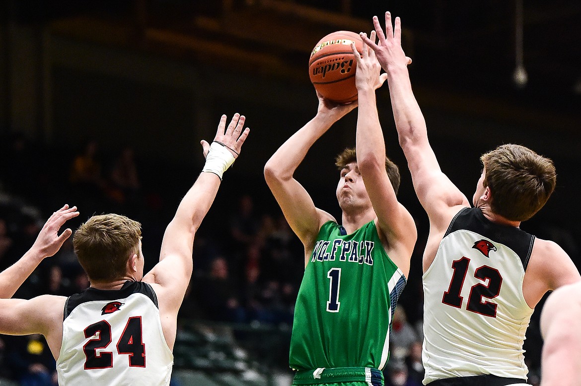 Glacier's Cohen Kastelitz (1) knocks down a jumper in the first half of the third-place game at the Class AA state basketball tournament at the Butte Civic Center on Saturday, March 11. (Casey Kreider/Daily Inter Lake)