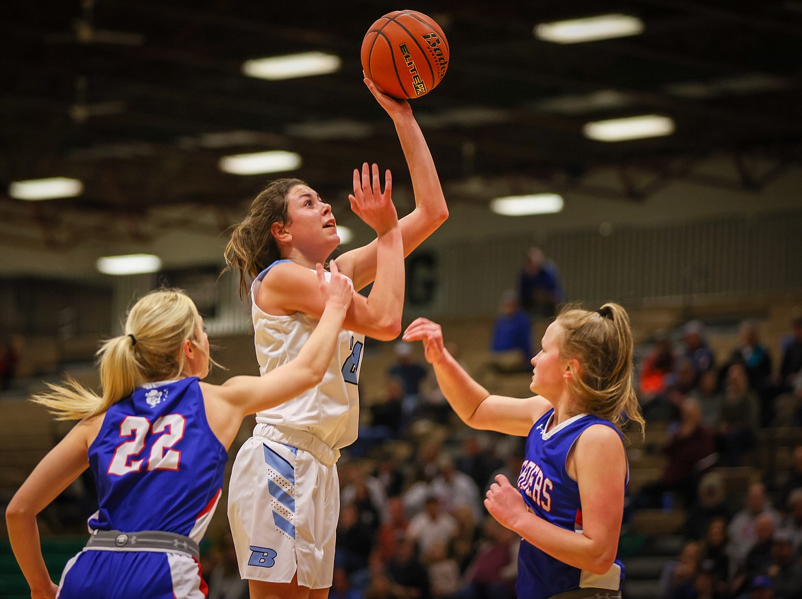 Bigfork’s Braeden Gunlock goes up for two of her game-high 22 points in the State B title game on Saturday, March 11, in Great Falls. (Jeremy Weber/Daily Inter Lake)