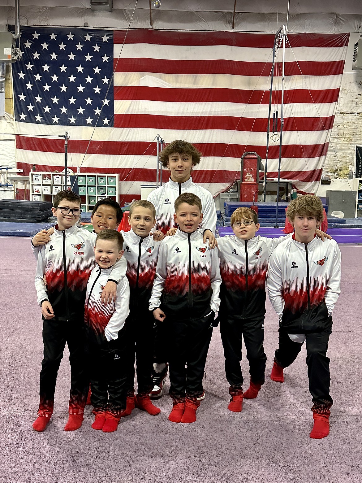 Courtesy photo
Avant Coeur Level 3s and 4s at men's state championships in Coeur d'Alene, hosted by Avant Coeur Gymnastics. In the front is Derek Remelski; middle row from left, Ray Brown, Preston Pool, Kason Dellara, Evan Peirce, Paxton Wengeler and Ricky Parker; and back row, coach Conan Tapia.