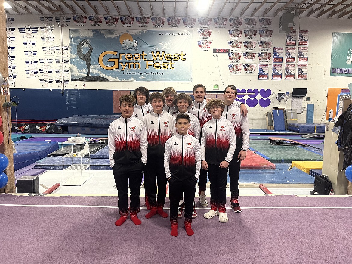 Courtesy photo
Avant Coeur Level 7-10 boys at men's state shampionships hosted by Avant Coeur Gymnastics in Coeur d'Alene. Level 7s took 2nd Place Team and Level 9s took 2nd Place Team. In the front is Dylan Coulson; second row from left, Felipe McAllister, Lance Mosher, Conan Tapia and Hudson Petticolas; and back row from left, Grayson McKlendin, Cayden Ptashkin, Collin Scott and Dan Fryling.