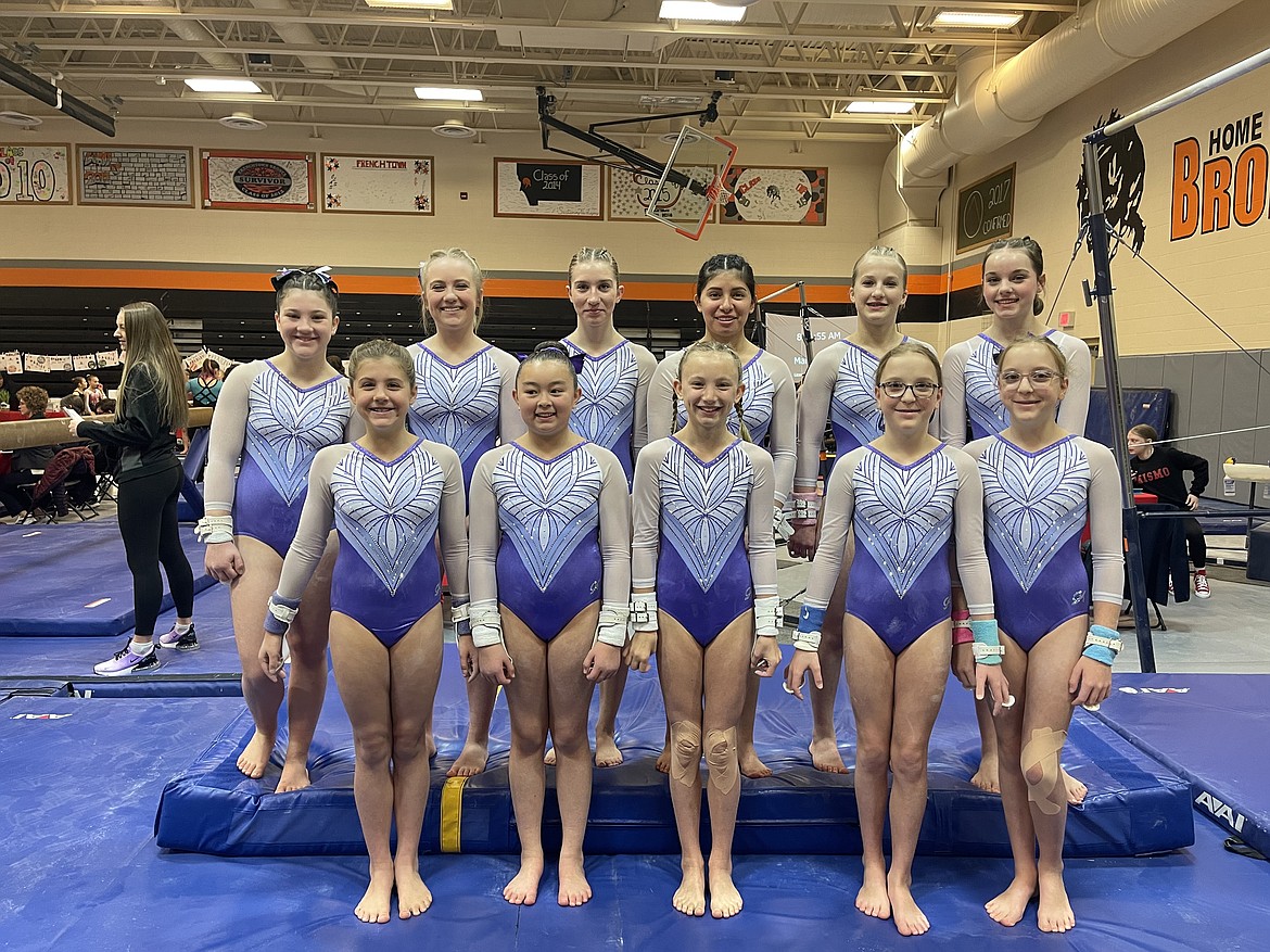 Courtesy photo
Avant Coeur Gymnastics Xcel Golds at the Mismo Magical Meet in Missoula, Mont. In the front row from left are Issoria Austin, Evelynn Prescott, Olivia Merry, Dahlia Kramer and Lily Kramer; and back row from left, Audri Madsen, Allison Scott, Addison Hundrup, Carisa Gencarella, Liliana Olind and Elika Anderson.