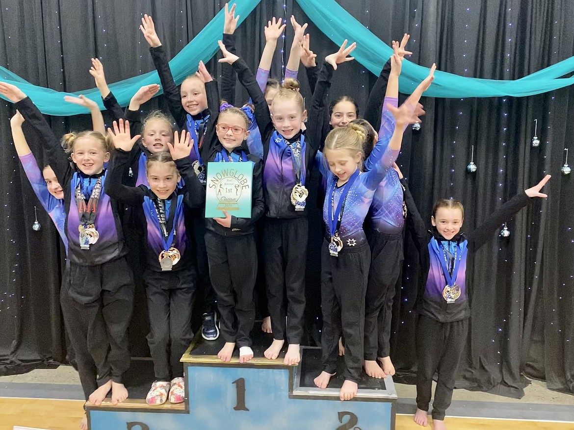 Courtesy photo
Some other members of the GEMS Athletic Center Bronze gymnastics team at the Snowglobe Classic last weekend in Post Falls. In the front row from left are Racine Dudley, Faith Robertson, Skylar Bingham and Olivia Smith; and back row from left, Nora Maddox, Riley Krebs, Ellie Batchelder, Ava Wittman, Selah Batchelder, Katelynn Clark and Annabeth Gambrino.