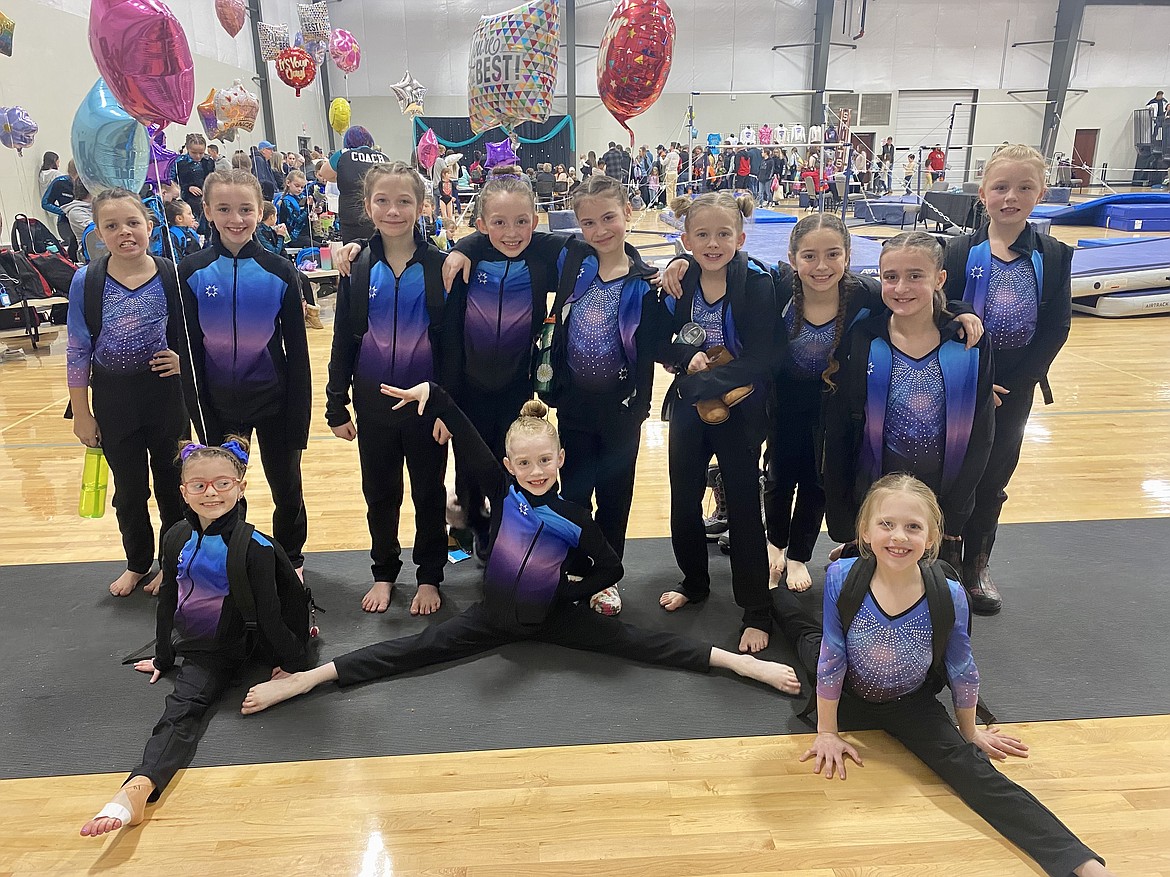 Courtesy photo
Some members of the GEMS Athletic Center Bronze gymnastics team at the Snowglobe Classic last weekend in Post Falls. In the front row from left are Faith Robertson, Skylar Bingham and Olivia Smith; and back row from left, Annabeth Gambrino, Ani Hall, Selah Batchelder, Ava Wittman, Racine Dudley, Riley Krebs, Katelynn Clark, Nora Maddox and Ellie Batchelder.