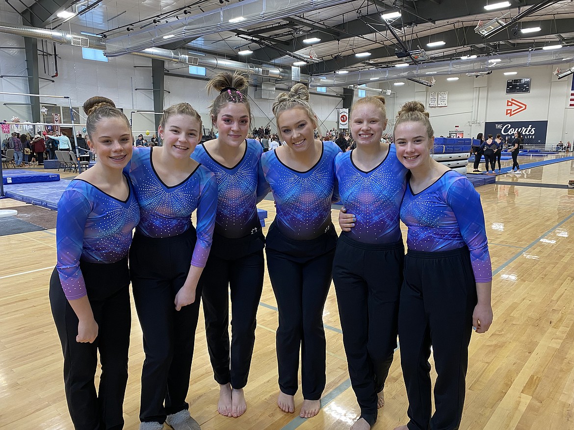 Courtesy photo
Some members of the GEMS Athletic Center gymnastics platinum team at the Snowglobe Classic last weekend in Post Falls. From left are Evelyn Oswell, Kylie Burg, Keana Pettyjohn, Riley Walton, Izzy McCaslin and Evyn Lyon.