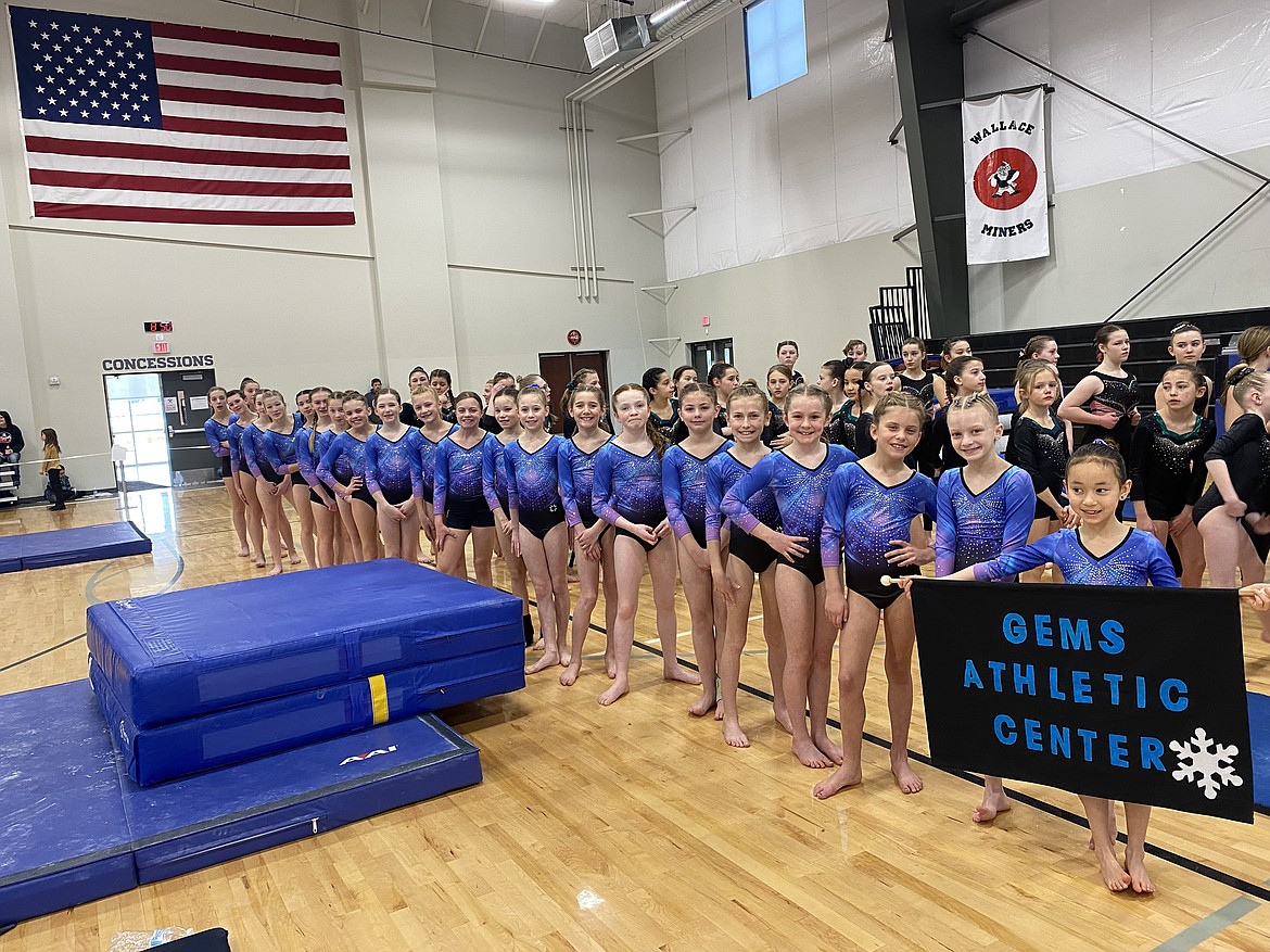 Courtesy photo
Some members of the GEMS Athletic Center gymnastics silver team at the Snowglobe Classic last weekend at Post Falls. From left are Delainy Wenstrom, Sierra Crawford, Summer Spiker, Elliot Tuntland, Emily Wright, Aria Milewski, Ashley Gwin, Raya Batchelder, Abi Sinclair, Hadley Bertsch, Hannah Batchelder, Sydney Thompson, Kalea Pham, Carsyn Horsley, Lois Chesley, Kallyn O'Brien, Ashtyn Fowler, Baylee Mathews, Olivia Kiser, Ensley Vucinich, Hunter Bangs and Kona Hice.