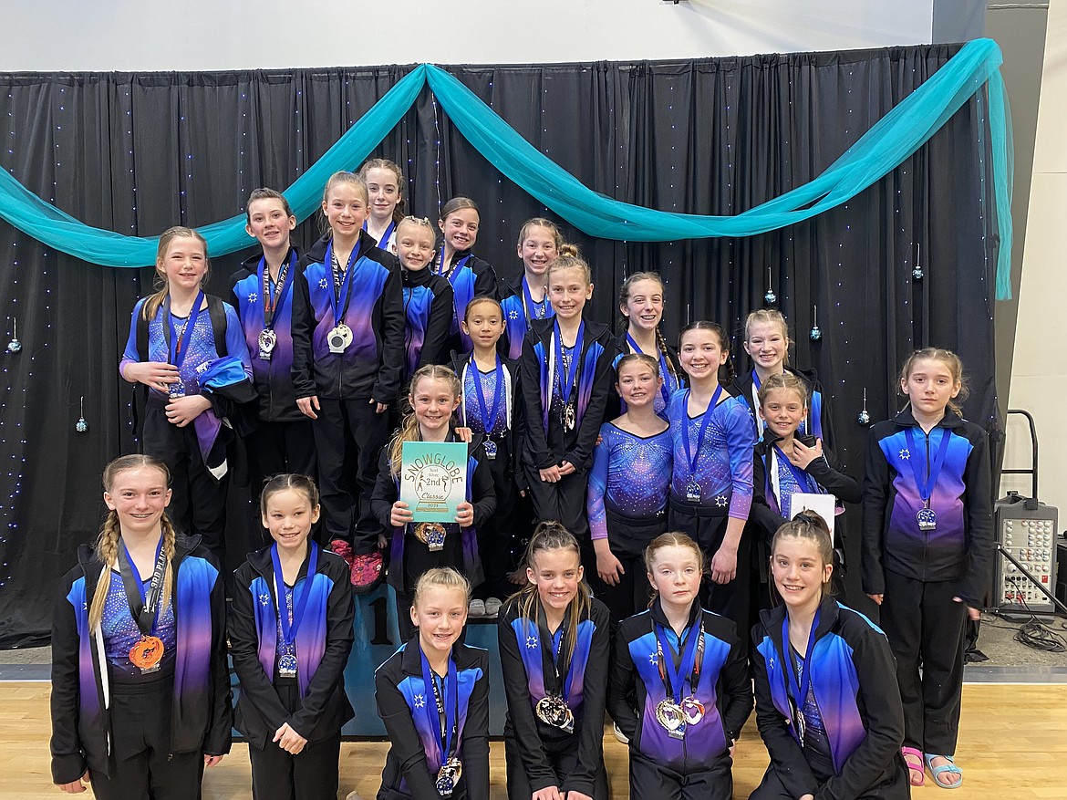 Courtesy photo
Some other members of the GEMS Athletic Center gymnastics silver team at the Snowglobe Classic last weekend in Post Falls. In the front row from left are Ashley Gwin, Kalea Pham, Hannah Batchelder, Abi Sinclair, Kallyn O'Brien and Sierra Crawford; and back row from left, Hadley Bertsch, Summer Spiker, Carsyn Horsley, Elliot Tuntland, Hunter Bangs, Sydney Thompson, Olivia Kiser, Kona Hice, Raya Batchelder, Baylee Mathews, Delainy Wentstrom, Ashtyn Fowler, Aria Milewski, Emily Wright and Ensley Vucinich, Lois Chesley