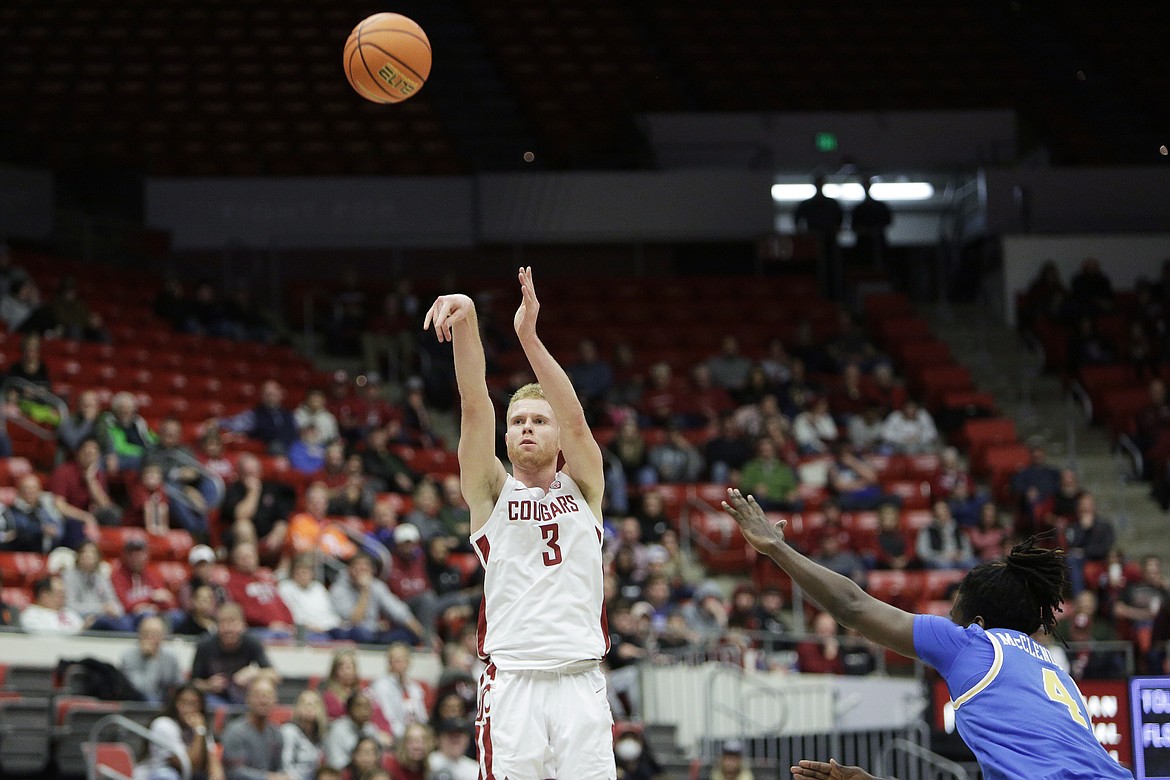 WSU guard Jabe Mullins (3) scored 24 points the last time the Cougars and Eastern Washington Eagles matched up in November 2022. Mullins hit eight three-pointers in WSU’s 82-56 win.