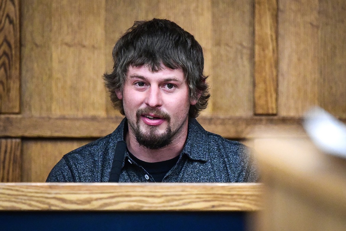 Jerum Auclaire testifies during Zackary Matthew Maas' deliberate homicide trial in Flathead County District Court on Tuesday, March 14. (Casey Kreider/Daily Inter Lake)