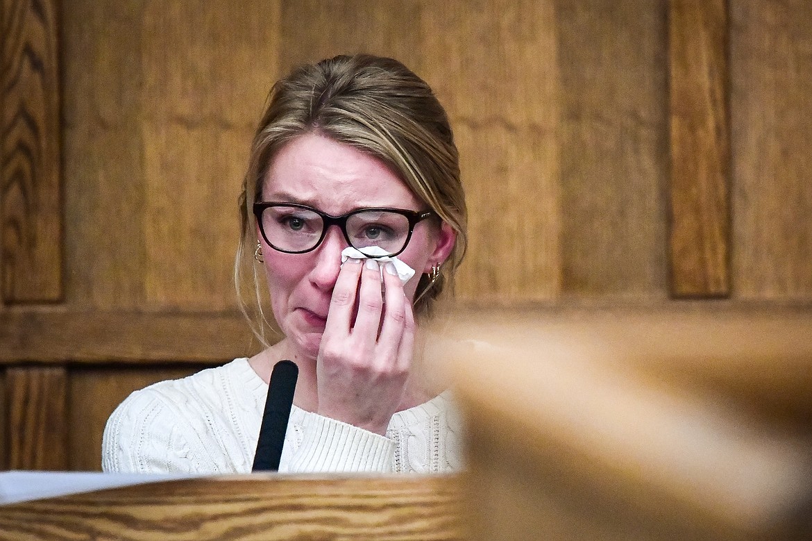 Anna Kirchner, fiance of Zackary Matthew Maas, testifies at Maas' deliberate homicide trial in Flathead County District Court on Tuesday, March 14. (Casey Kreider/Daily Inter Lake)
