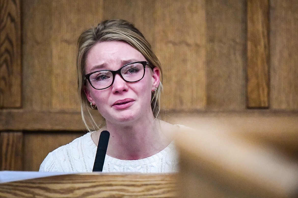 Anna Kirchner, fiance of Zackary Matthew Maas, testifies at Maas' deliberate homicide trial in Flathead County District Court on Tuesday, March 14. (Casey Kreider/Daily Inter Lake)