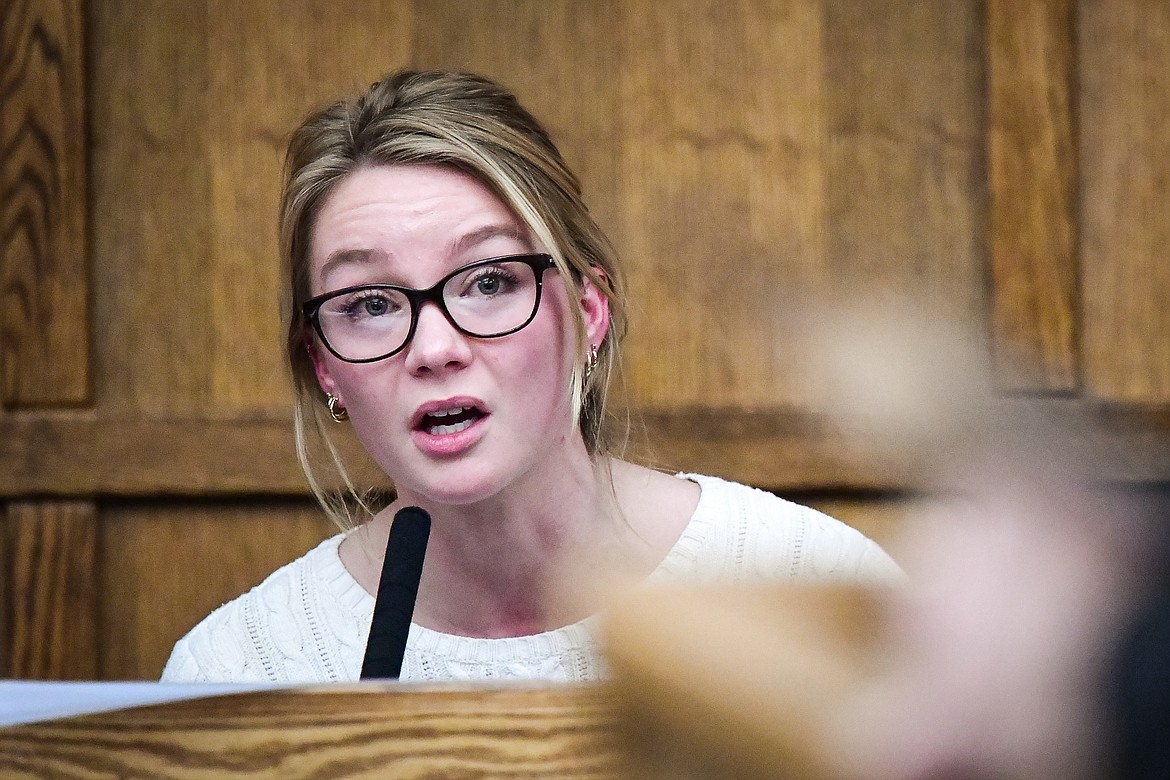 Anna Kirchner, fiance of Zackary Matthew Maas, testifies at Maas' deliberate homicide trial in Flathead County District Court on Tuesday, March 14. (Casey Kreider/Daily Inter Lake)