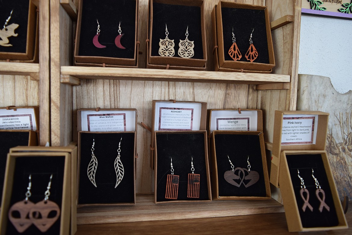 A sample of some of the wood earrings Samantha Simmonds carves and sells at A Plus Woodshop in downtown Moses Lake.